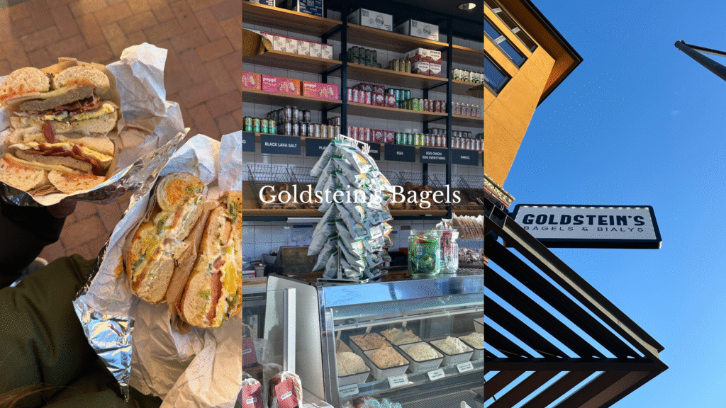 photos of a bagel shop and two bagel sandwiches