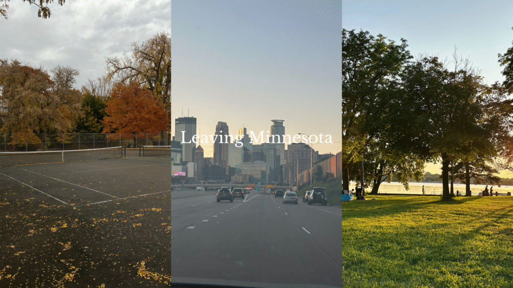 a photo collage of Minnesota, a tennis court, and the Minneapolis skyline, and a lake in Minnesota