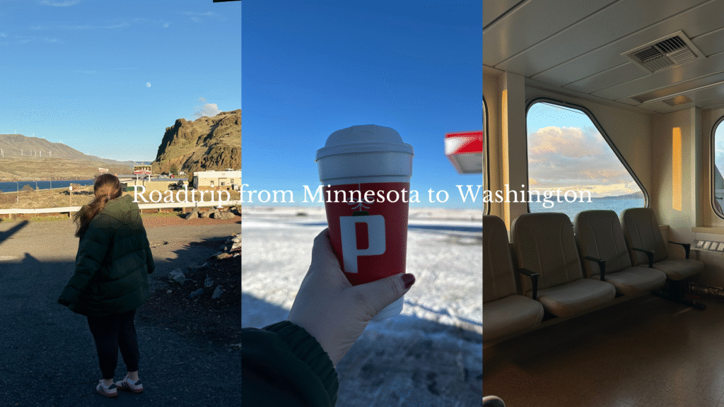a photo collage of a girl standing in front of the columbia river gorge, a cup of coffee, and the ferry