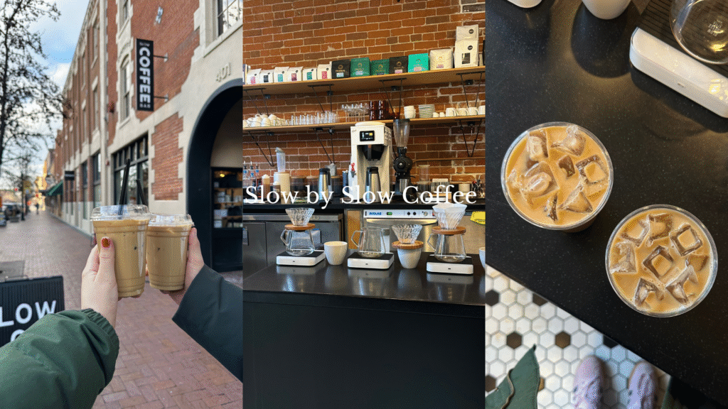 photos of iced lattes and the inside of a coffee shop