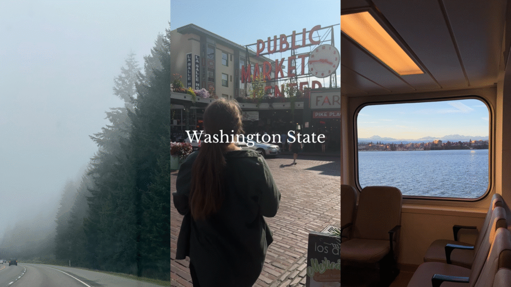 Foggy trees, pikes place market sign, and a Washington ferry
